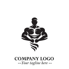 Fototapeta premium Man With Muscle Logo Symbol in Black on White Background for Strong Bold Fitness Branding Design Art