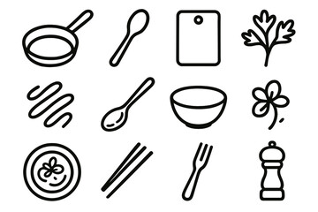 Culinary Iconography. Creative cooking linear icon set: pan, spoon, cutting board, herbs, sauce drizzle, tasting spoon, bowl, garnish, plate, chopsticks, fork, pepper mill