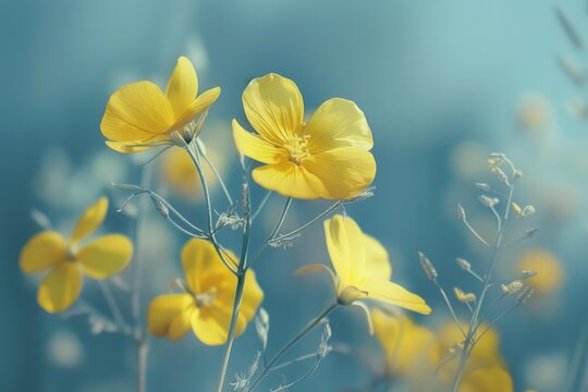 Yellow flowers with delicate petals blooming in a meadow during a sunny spring day, creating a beautiful bokeh effect with a blurred background