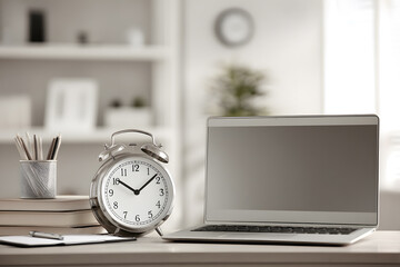 a laptop computer sitting on top of a desk next to a clock