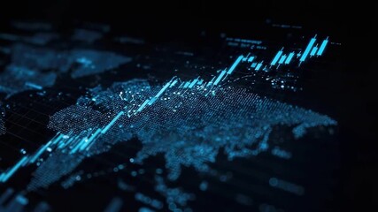 A blue digital world map overlaid with glowing stock market charts and data lines. - Powered by Adobe