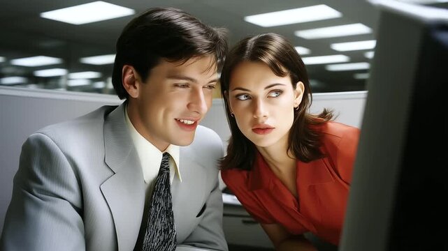Two colleagues in a cubicle, looking at the same monitor, problem-solving a spreadsheet formula, helping, informal, cramped space, in the style of an authentic, unstaged office pho