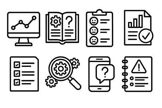 IT Service Icons. IT service quality improvement tools linear icon set: performance tracker, troubleshooting guide, customer survey, SLA report, quality assurance checklist, system