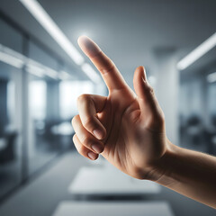 Hand reaching out in a modern office environment touching a virtual screen.