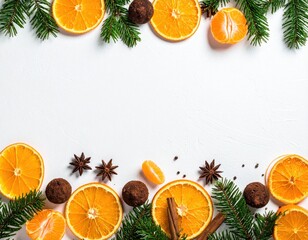 Vibrant orange slices, fresh evergreen branches, rich chocolate truffles, and fragrant spices perfectly frame a clean white background, creating an elegant festive border.