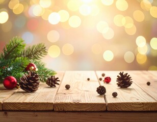 Christmas holiday decorations featuring green pine branches, shiny red ornaments, and natural pine cones arranged on a rustic wooden table with sparkling golden bokeh lights in the background.