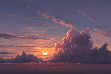 a sunset with clouds and a plane flying in the sky