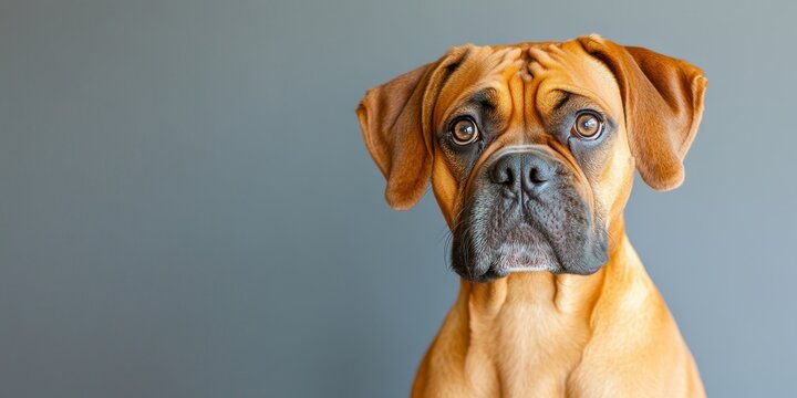 A Charming Close Up Portrait of a Loyal Boxer Dog with Expressive Eyes on a Clean Gray Background