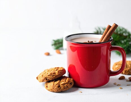 Steaming red mug filled with hot chocolate and two cinnamon sticks stands next to several freshly baked cookies and scattered almonds on a cozy white surface.