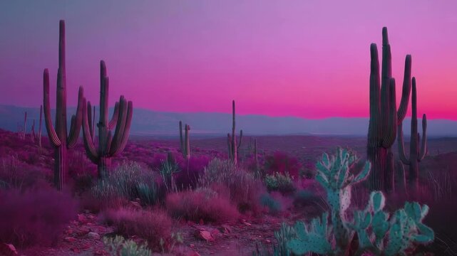 Desert landscape with tall cacti under a vibrant pink and purple sunset.