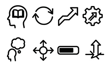 Human Development Icons. Human Potential Development Actions linear icon set: learn icon, practice loop, refine arrow, apply gear, reflect bubble, adapt symbol, progress bar