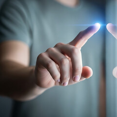 Hand Interacting with a Touchscreen Display in a Modern Setting.