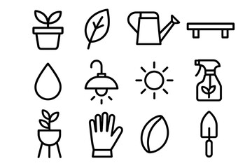 Botanical Icon Set. Botanical Decor linear icon set. flower pot, leaf, watering can, shelf, droplet, lamp, sun, spray bottle, plant stand, glove, seed, trowel