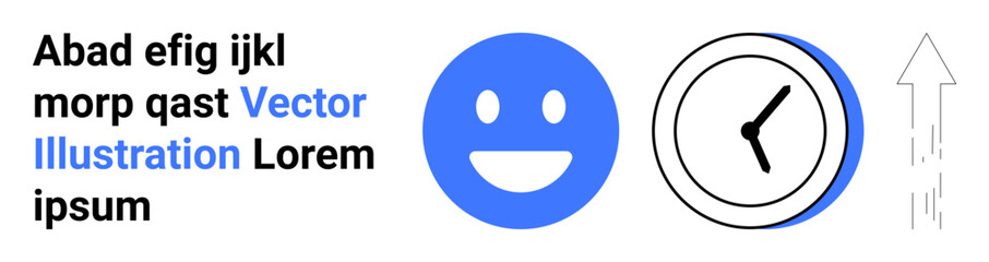 Business growth, time management, positivity, productivity, goal achievement, efficiency. A happy face, clock and arrow pointing upward. Positivity and time management conceptual illustration