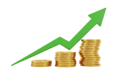 Green arrow pointing up with gold coins growth and success on transparent background