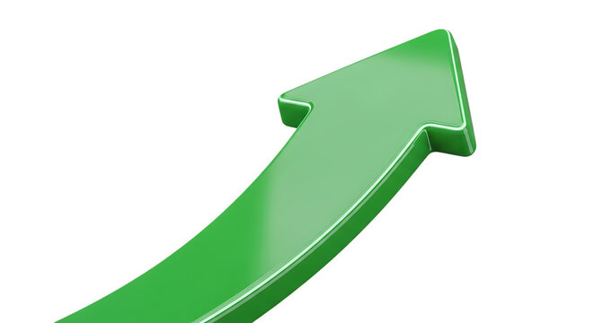 A vibrant green 3d arrow pointing upwards on transparent background