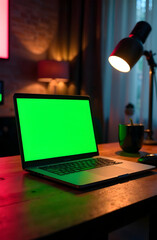 A laptop sits on a wooden desk, displaying a bright green screen
