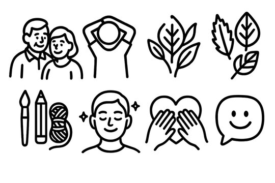 Joyful Healthy Lifestyle Icons. Joyful Longevity Set linear icon set: happy couple, morning stretch, hobby tools, nature leaves, calm mind, self-care heart, walking cane, positive