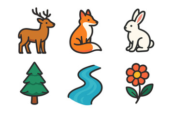 Vibrant Wildlife Icons. Wildlife Valley flat icons set. Deer, Fox, Rabbit, Pine Tree, Stream, Flower.