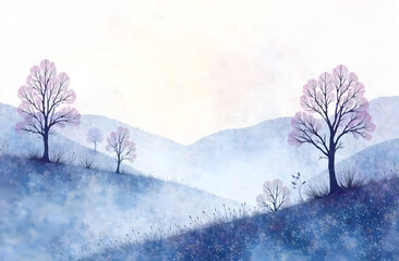 A digital illustration depicts a serene winter landscape with rolling hills covered in snow.