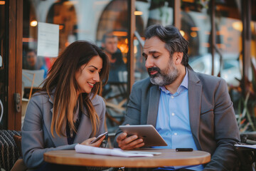 Latin business man and European business woman discussing project on tablet sitting