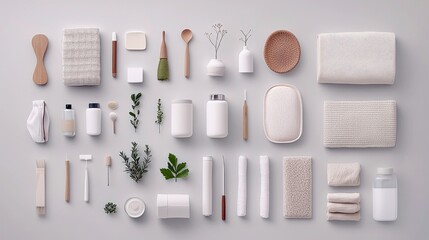 A collection of bath products and accessories, including towels, bottles, and wooden items, arranged on a gray background, showcasing a minimalist and clean aes