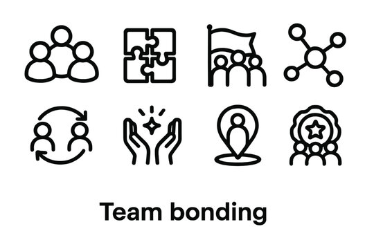Teamwork Icon Set. Team Bonding Icons linear icon set: group circle, puzzle pieces fitting, unity flag, collaborative nodes, partner arrows, synergy spark, shared goal marker