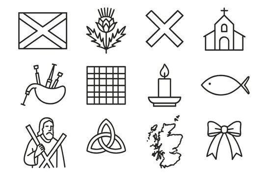 Saint Andrew's Day Icons. Saint Andrew’s Day linear icon set: Scottish flag, thistle flower, saltire cross, church icon, bagpipes, tartan pattern, candle, fish symbol, St. Andrew