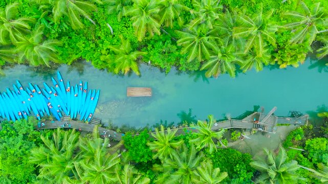 Aerial view of a winding turquoise river lined with dense palm trees, featuring numerous blue kayaks and a wooden raft, Maasin River, Siargao, Philippines.