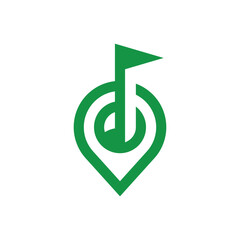 Vector logo icon concept blending a musical note with a location pin marker and a flag, ideal for a music venue finder app or brand identity
