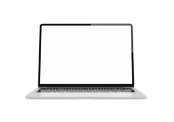Sleek silver modern laptop with black keyboard, blank white screen, centered on an expansive transparent studio background with soft high-key lighting and copy space, a blank canvas for ideas.