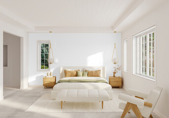 Minimalist White Bedroom PNG with Bed, Pendant Lights, Bench and Double Windows – Isolated Interior Scene for Design Mockups