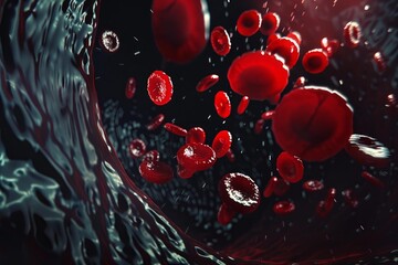 Red blood cells flowing through vein or artery, medical and healthcare concept