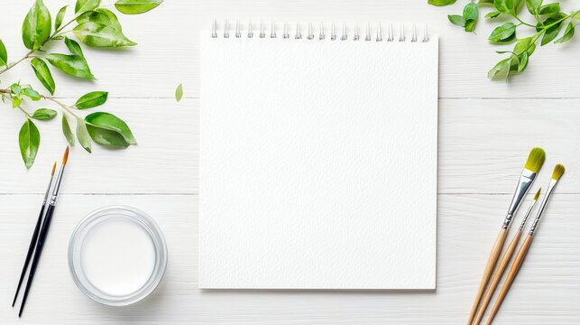 Top-down view of a blank sketchbook, paintbrushes, and green leaves arranged on a white wooden table. The scene evokes creativity and artistic inspiration. - Powered by Adobe