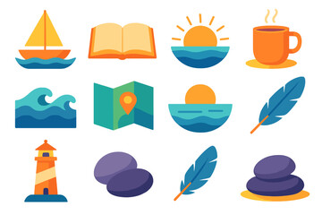 Serene Ocean Illustrations. Calm Journey flat icon set : sailboat, soft wave, sunrise, open book, warm mug, sea breeze, folded map, calm ocean, feather, horizon line, lighthouse