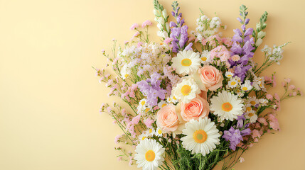 Floral Symphony: A stunning bouquet of daisies, roses, and lavender blooms bursts forth against a soft-colored background, showcasing nature's vibrant beauty and delicate composition.