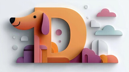 A colorful cartoon illustration of a dog next to the letter D, with stylized clouds and abstract shapes against a white background.