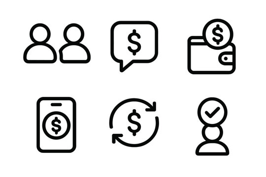Digital Wallet Icons. Peer-to-Peer Payments linear icon set. user avatars, chat bubble, send money icon, digital wallet, instant transfer, payment confirmation