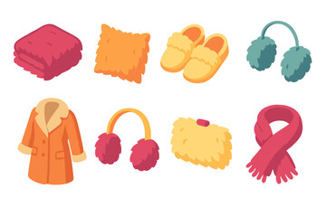 Cozy Fur Icon Set. Cozy Fur Touches flat icon set: fur blanket, fur pillow, fur slippers, hand muff, wool coat, earmuffs, fuzzy clutch, warm shawl