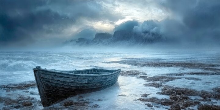 Abandoned Wooden Rowboat on a Stormy Seascape, Capturing the Melancholy of Coastal Erosion