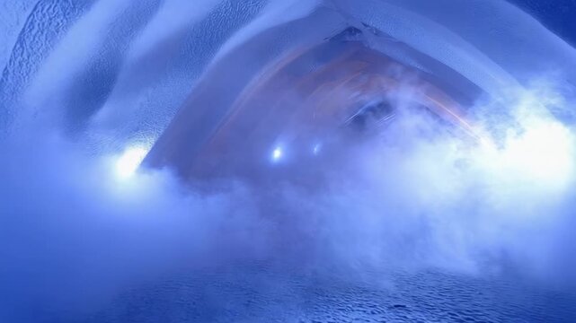 Inside a blue ice cave tunnel with frosty curved walls and a misty floor.