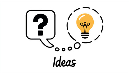 Black question mark in speech bubble next to yellow light bulb with dashed circle and word Ideas thinking