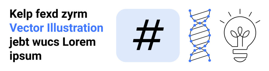 metadata tag on a blue square, DNA helix, and a lightbulb outline. Ideal for innovation, science, research, creativity, social media, technology and a simple landing page