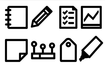 Problem-Solving Icons Set. Labor Day Problem-Solving Mindset Tools silhouette icon set: notebook, pencil, checklist, chart panel, sticky note, timeline bar, reference tag, marker
