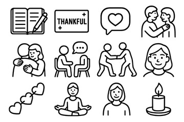 Practicing Daily Empathy Icons. Practicing Empathy Daily linear icon set: journal reflection, gratitude card, supportive text, friendly gesture, comforting hug, calm conversation