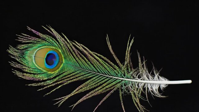 Close up of a vibrant peacock feather isolated against a dark backdrop showcasing intricate details and colors