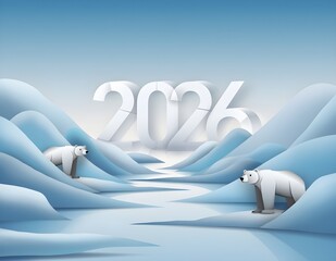 Minimal arctic scene with stylized polar bears and large 2026 typography set among soft blue ice hills, creating a calm winter illustration.
