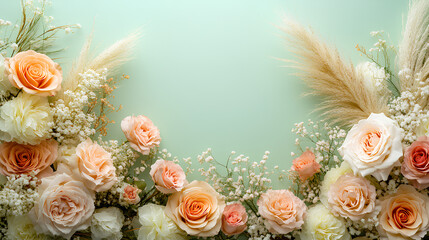 Floral Symphony: A harmonious arrangement of delicate roses and decorative ornamental grasses against a soft, muted backdrop, creating a gentle and elegant ambiance.