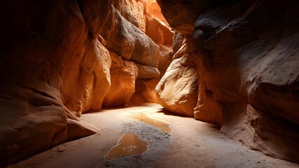 Narrow red sandstone slot canyon walls curving gracefully in southern Utah, sunlight piercing from above to illuminate swirling striations and shallow clear pools