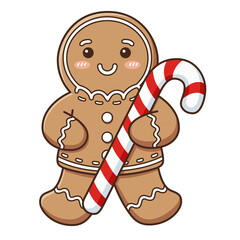 Gingerbread boy holding a red and white striped candy cane